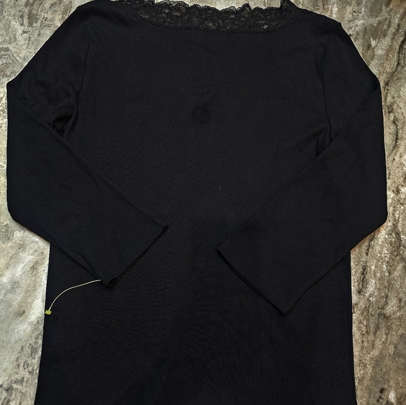 Lauren Ralph Lauren Black Ribbed Long Sleeve Lace V-Neck Top L Cotton Stretch - Picture 8 of 8